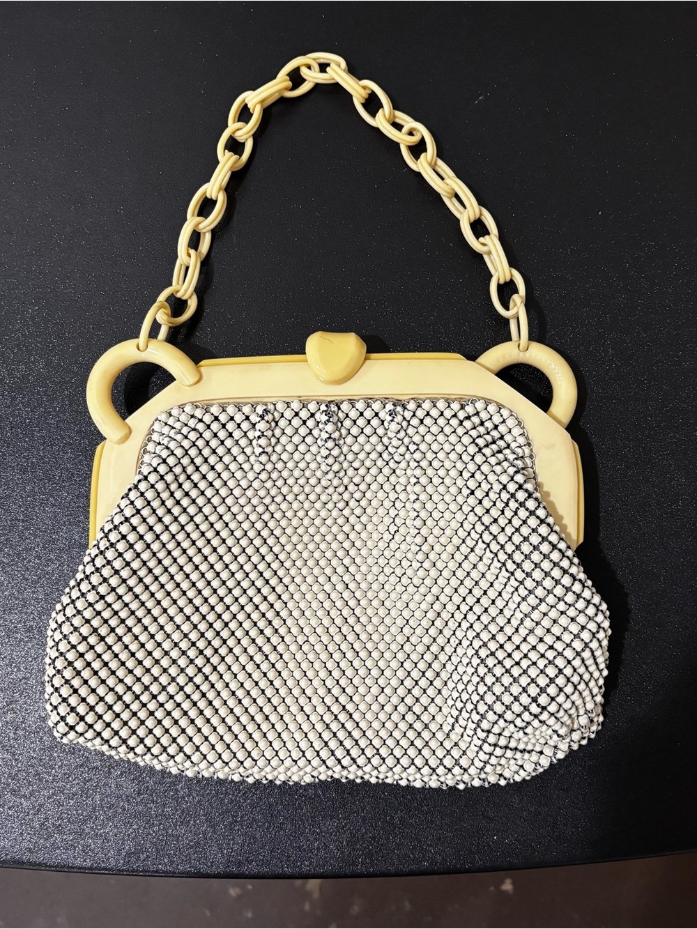 Vintage Whiting & Davis Alumesh Beaded Cream Mesh Purse With Lucite Frame 40s